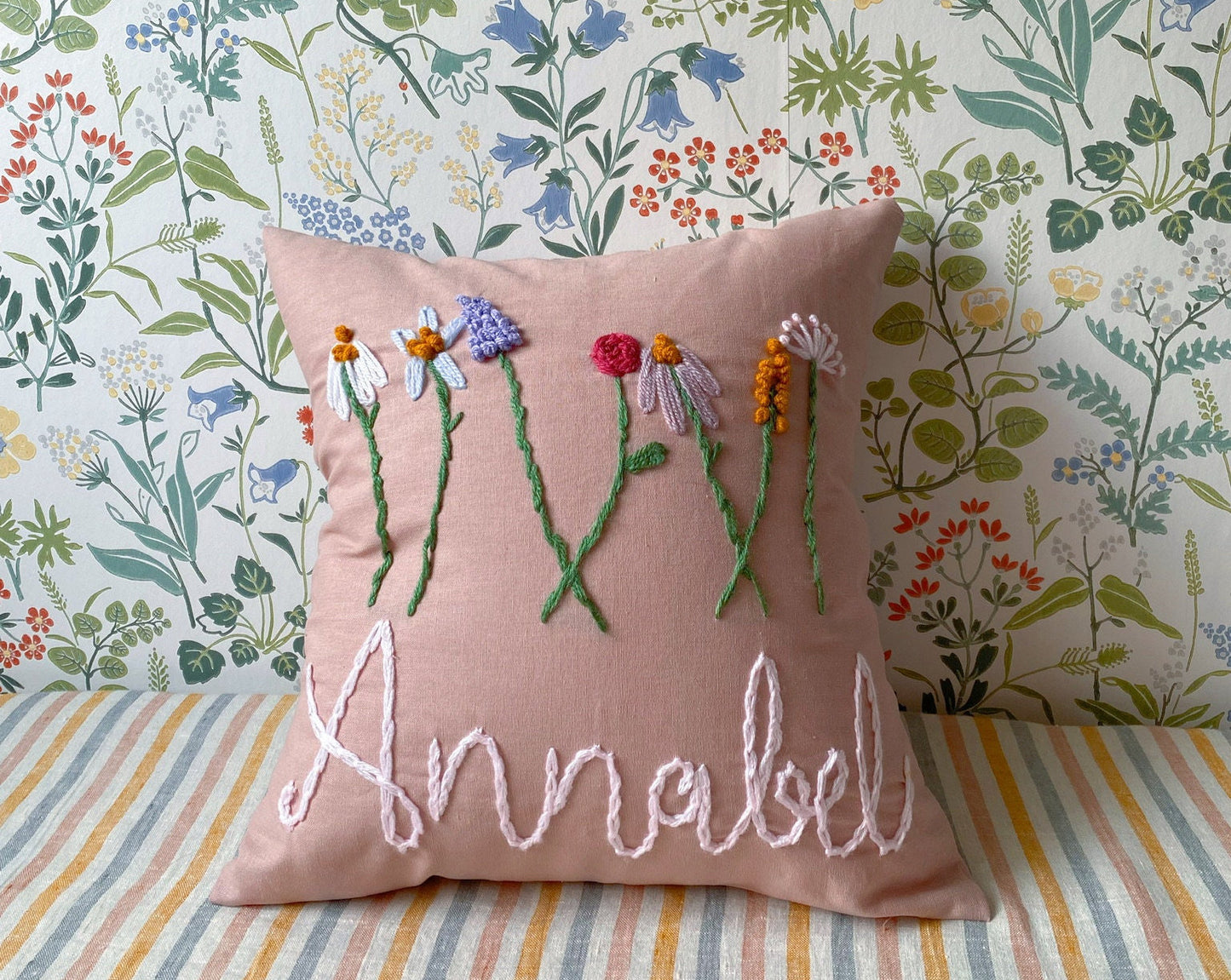 Linen personalised embroidered cushion